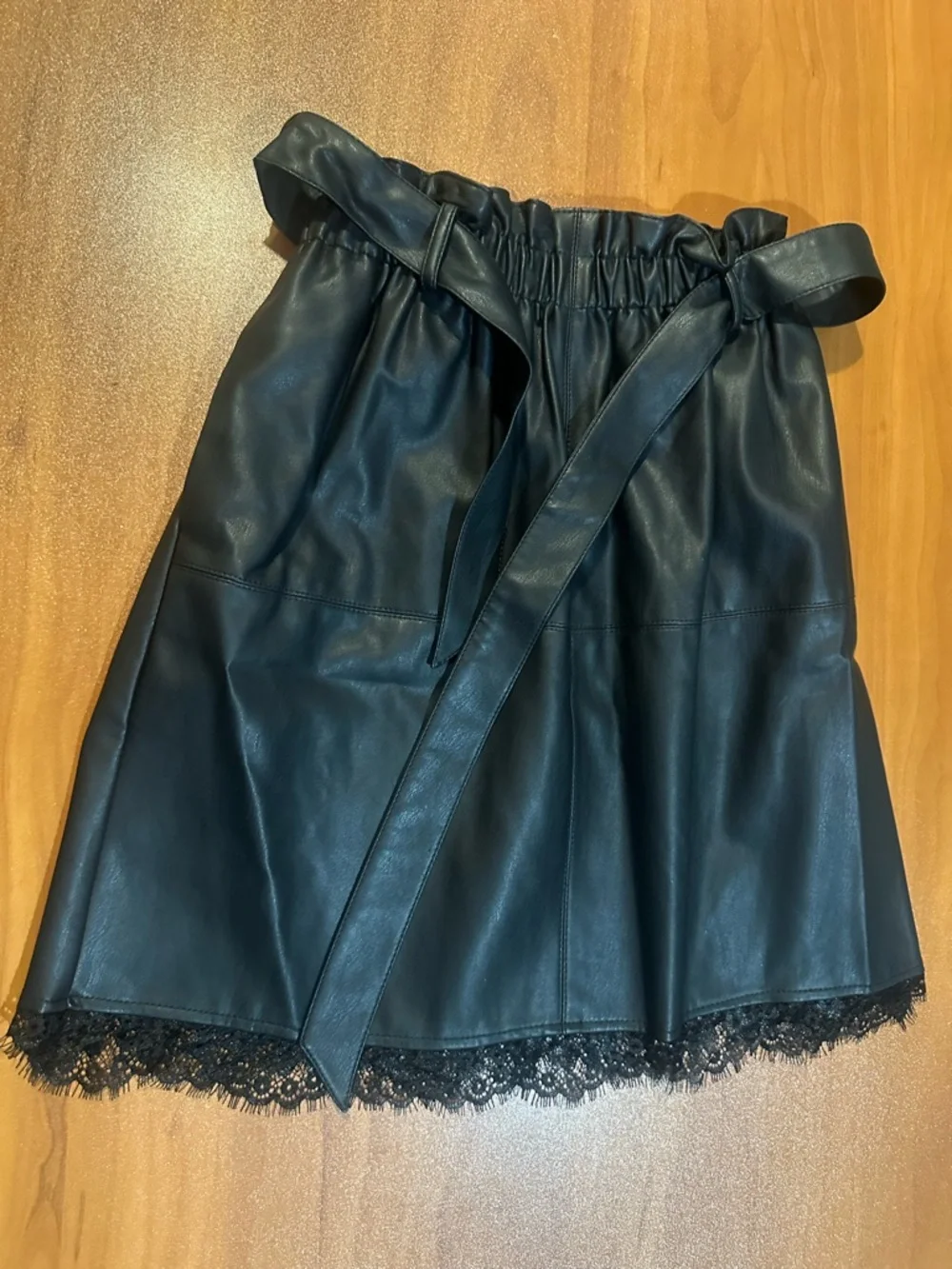 Zara Black Faux Leather Mini Skirt with Lace Trim - Size S